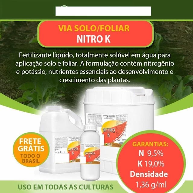 Fertilizante - Nitro K - Fertilizante líquido, totalmente solúvel em água para aplicação solo e foliar. A formulação contém nitrogênio e potássio nutrientes essenciais ao desenvolvimento e crescimento das plantas