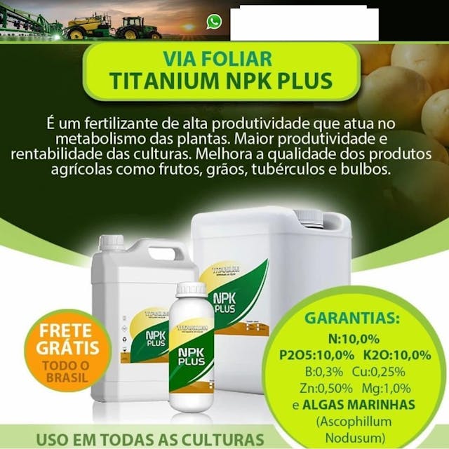 Fertilizante - NPK Plus - adubo foliar - fertilizante de alta produtividade que atua no metabolismo das plantas, pasto, pastagem, nitrogenio, fosforo, potassio