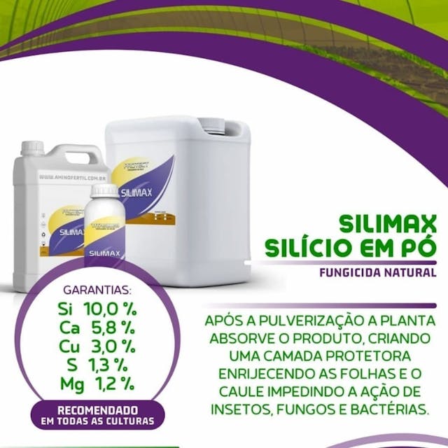 Fertilizante - Silimax -(Ca 5,8%, Mg 1,2%,S 1,3%, Cu 3%, Si 10%) é um fertilizante natural que auxilia a proteção natural das plantas, usada para proteger a planta na época do frio e geadas que acaba queimando