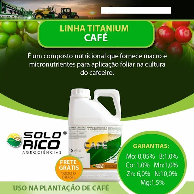Fertilizante -  adubo folia para o café, é um composto nutricional que fornece macro e micronutrientes para aplicação foliar na cultura do cafeeiro.Nitrogênio 10,0% Molibdênio 0,05% Boro 1,0%, Cobre 1,0%  Manganês 1,0%  Zinco 6,0%  Magnésio 1,50%